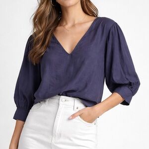 🆕 Young Fabulous&Broke YFB Puff Blouse Navy Blue Silk Blend Top Size L Boho Chic